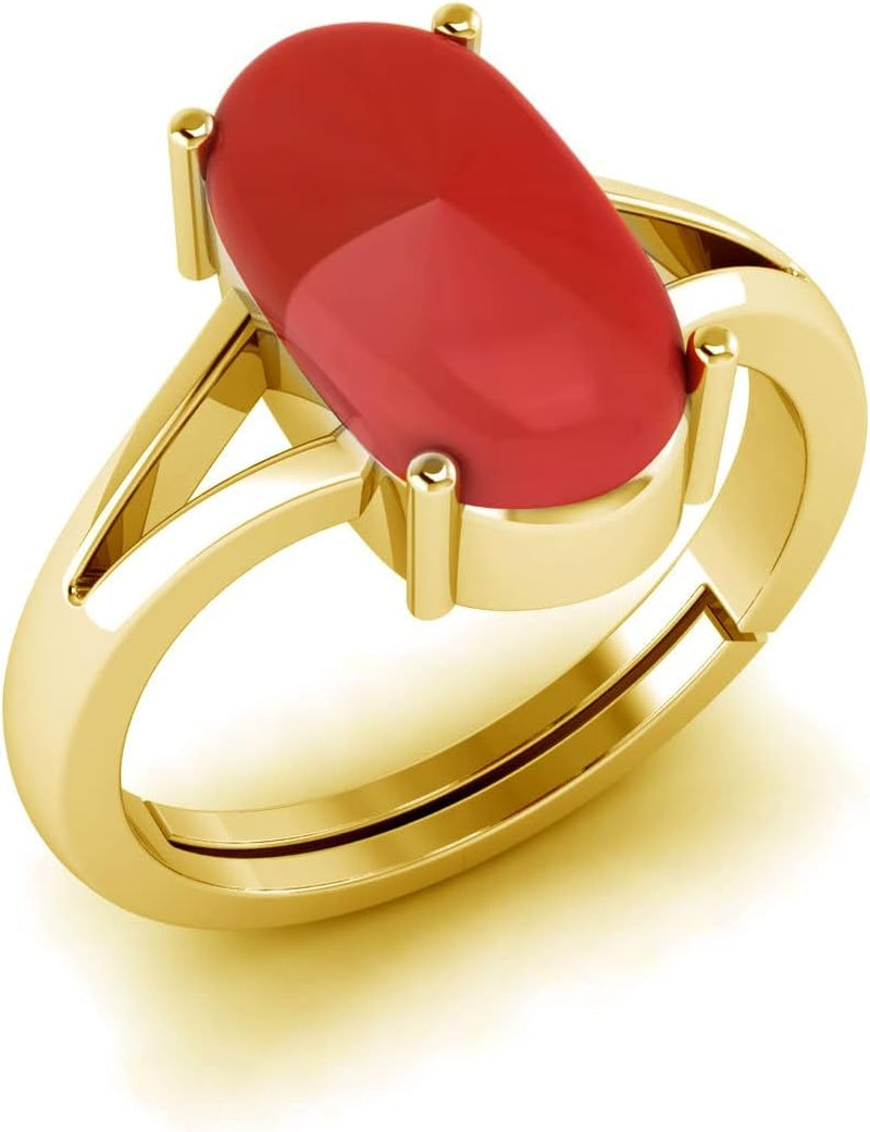 Natural Red Coral Moonga Certified Jewelry Gifts Ring 8.20 Carat Astrological Birthstone 22K Gold Plated Adjustable Ring for Men or Women