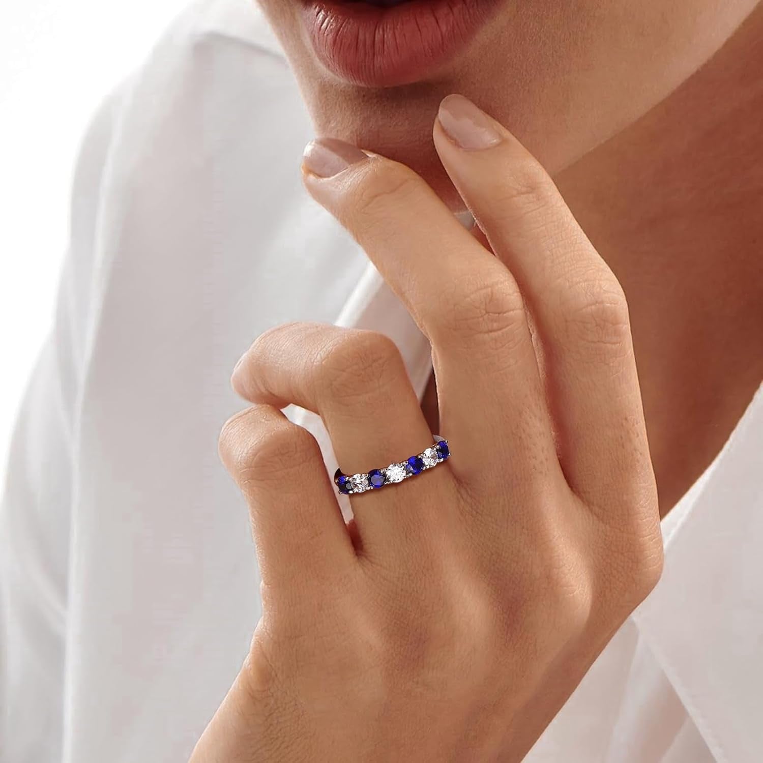 925 Sterling Silver Birthstone Rings for Women Created Gemstone Half Eternity Band 7 Stone Cubic Zirconia Wedding Band Birthstone Jewelry Size 6-10