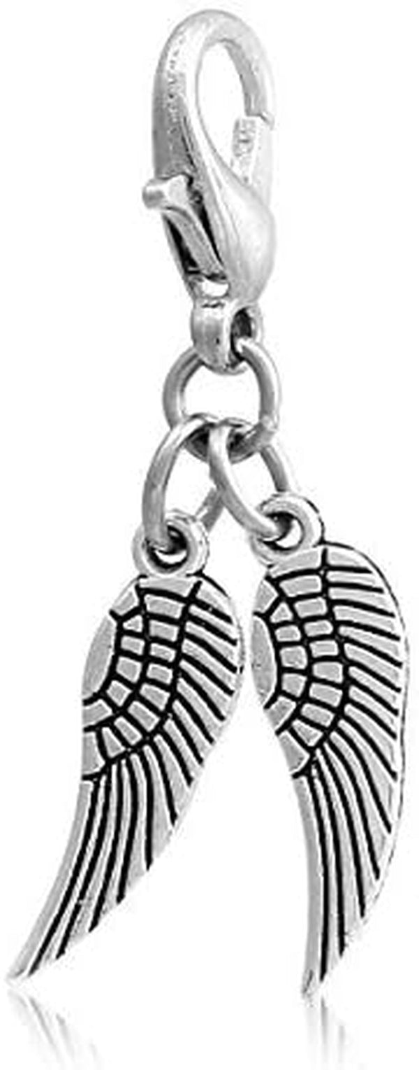 Angel Wings Clip on Charm - 10 Pack of Silver Tone Pendants with Lobster Clasp, Jewelry Making Supplies; Small 1 1/3 Inch for Bracelet, Necklace, Earrings or Arts and Crafts