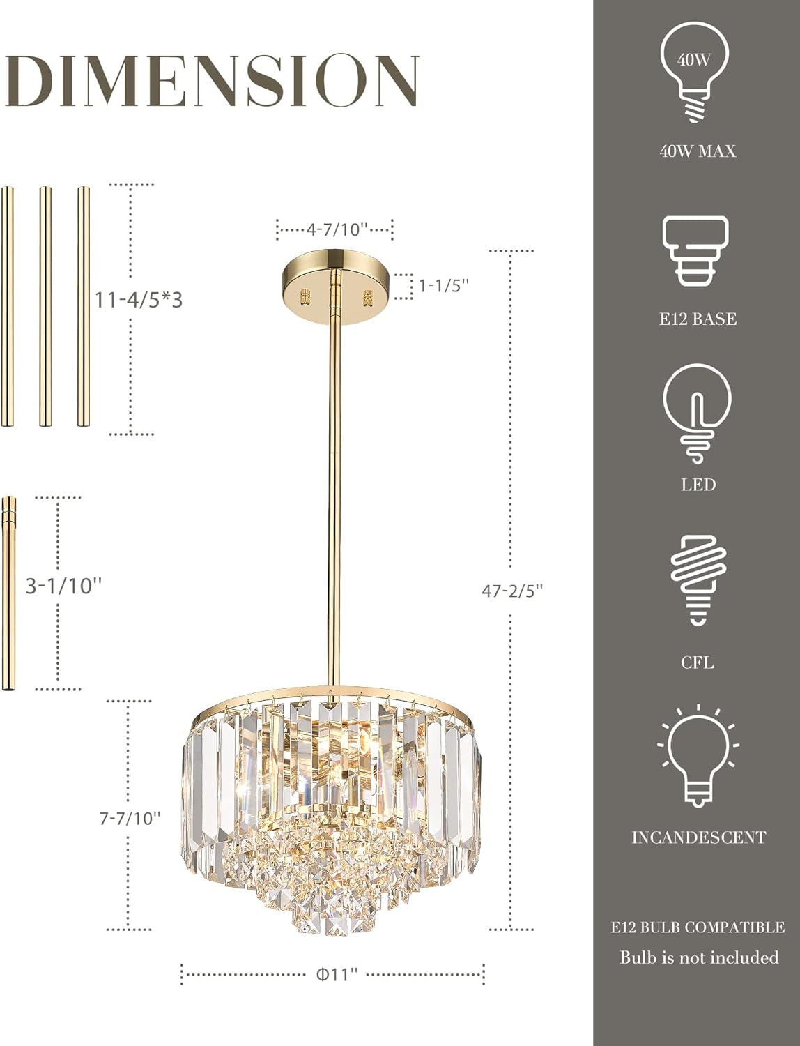 Gold Chandelier, 4-Tier Crystal Chandelier, Modern Pendant Light for Dinning Room Kitchen Island Bedroom Entryway, CC4215-3W-G