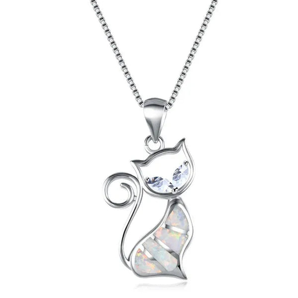 Fashion Elegant 925 Silver White Fire Opal Sapphire Cat Pendant Necklace Womens Jewelry Gifts