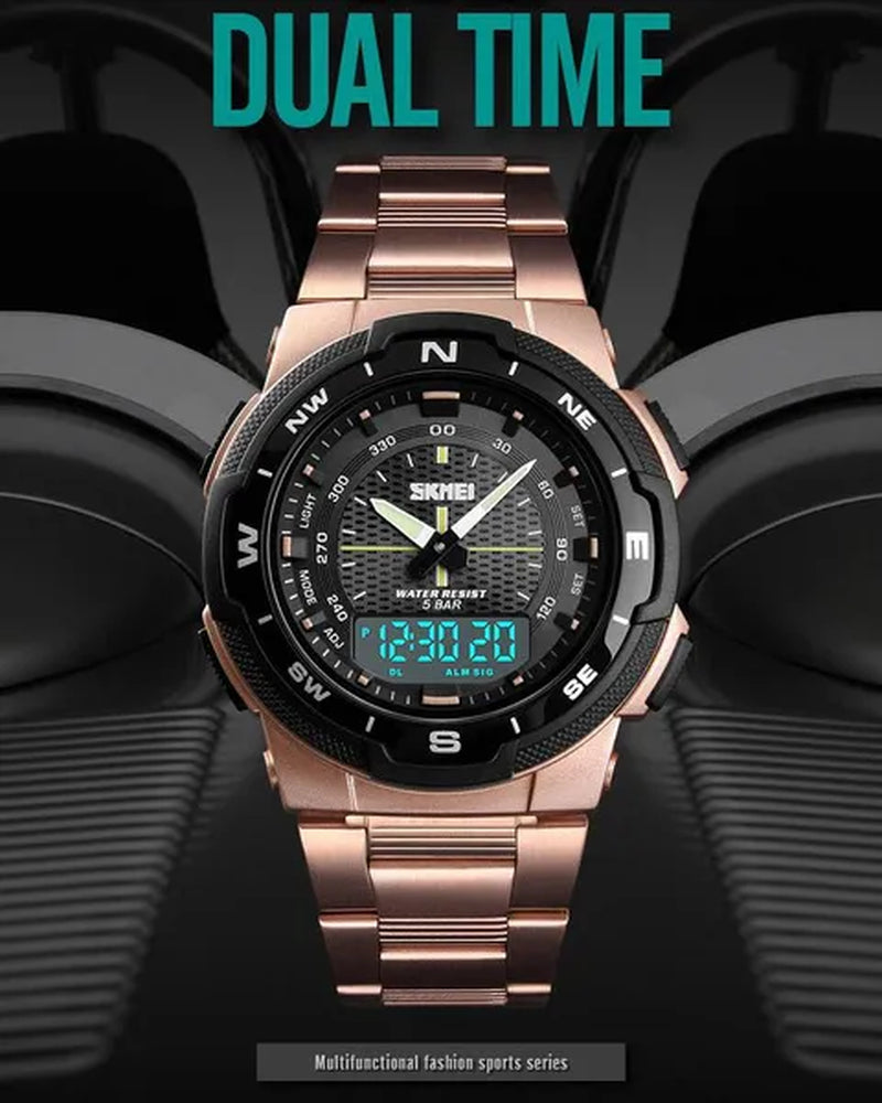 Fashion SKMEI 1370 Men's Digital Watch Outdoor Sports Waterproof Male Business Watches Golden Stainless Steel Wristwatch