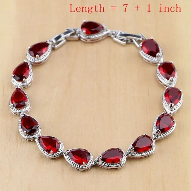 Water Drop 925 Sterling Silver Jewelry Red Ruby White Topaz Jewelry Sets Women Earrings/Pendant/Necklace/Rings/Bracelet