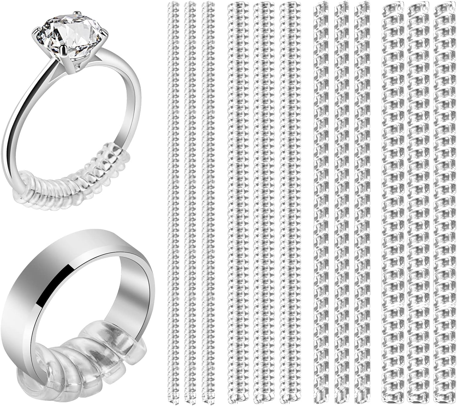 Ring Sizer Adjuster for Loose Rings, 12 Pack 4 Sizes Invisible Clear Silicone Ring Guard for Women Men, Ring Resizer Tightener Spacer Fitter for Too Big Ring, Make Ring Smaller without Resizing