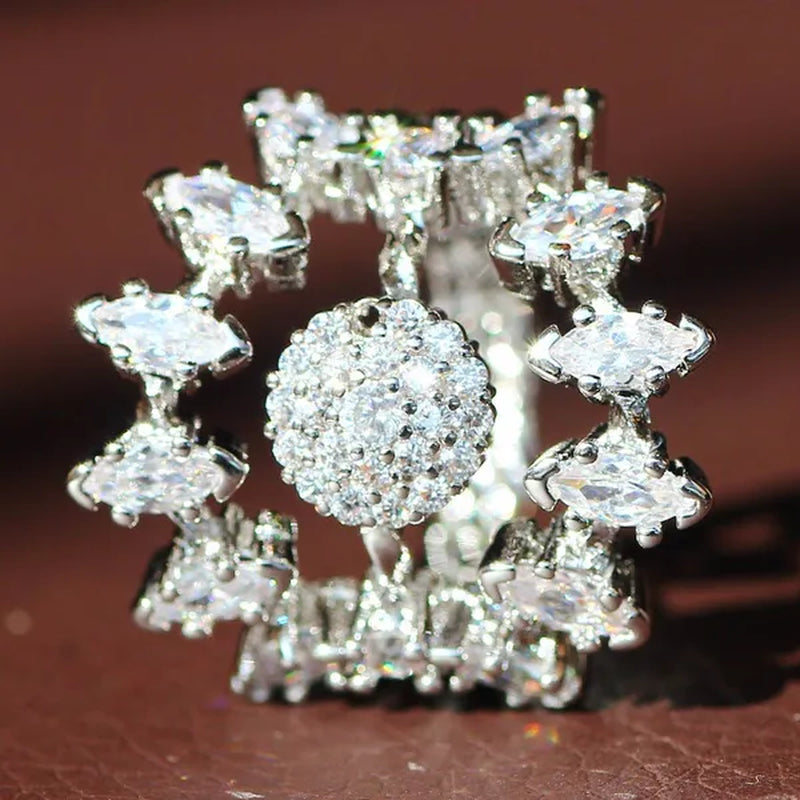 Luxurious  Silver Natural Gemstones White Sapphire Wedding Birthstone Bride Flower Engagement Ellipse Princess Sun Ring Jewelry Size 6 7 8 9 10