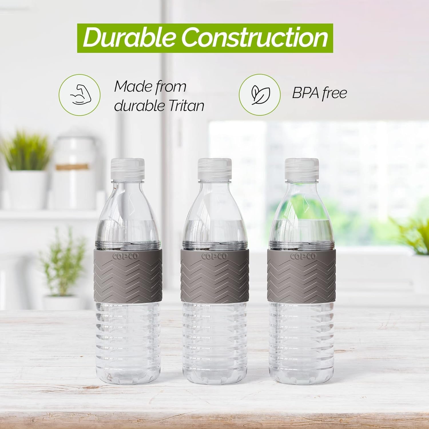 Hydra 20 Oz Tritan Water Bottle with Spill Resistant Lid & Non-Slip Sleeve (Set of 3) - Bpa-Free, Dishwasher Safe, Fits Cup Holders, Great for Gym, Travel, Office - Durable & Lightweight (Grey)