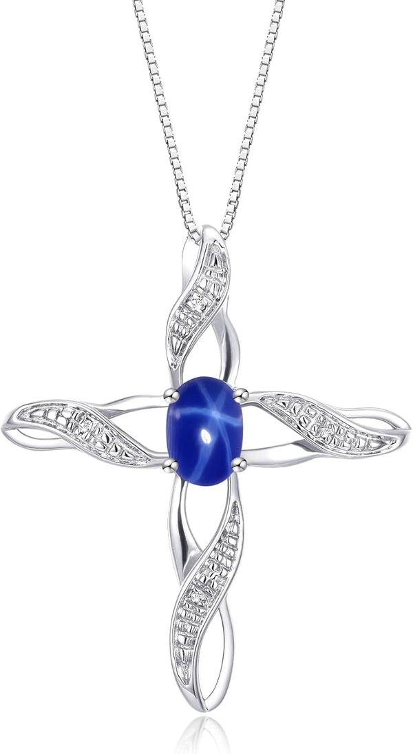 Necklace Sterling Silver 925 Cross Necklace with Gemstone & Diamonds Pendant with 18" Chain 7X5MM Birthstone Womens Jewelry Silver Necklace for Women Diamond Necklace