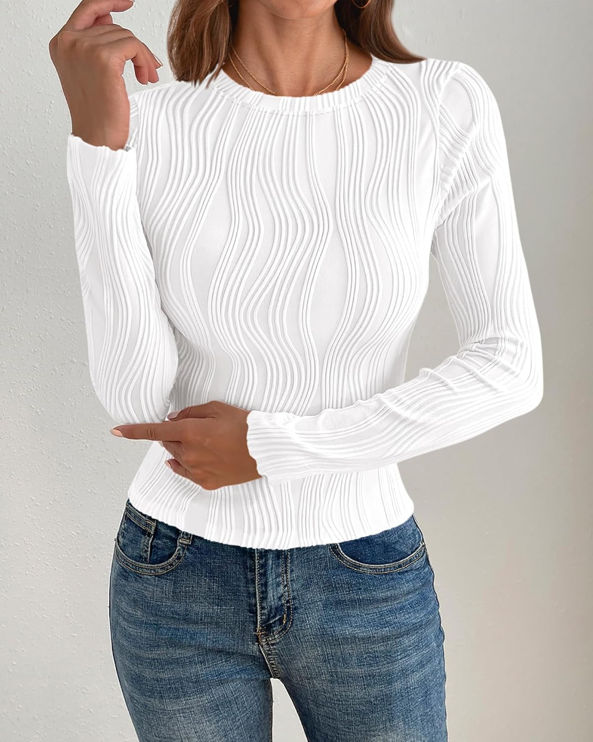 Women'S Tops 2025 Spring Fashion Long Sleeve Crewneck Blouses Slim Fit Shirts Textured Knit Basic T Shirts