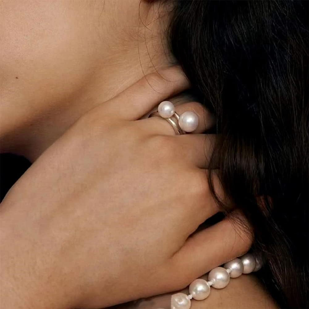 Shell Pearl 925 Sterling Silver Ring for Women Girls Adjustable Expandable round Ball Wedding Statement Finger Rings Comfort Fit Simple Elegant Engagement Promise Birthday Jewelry Gift
