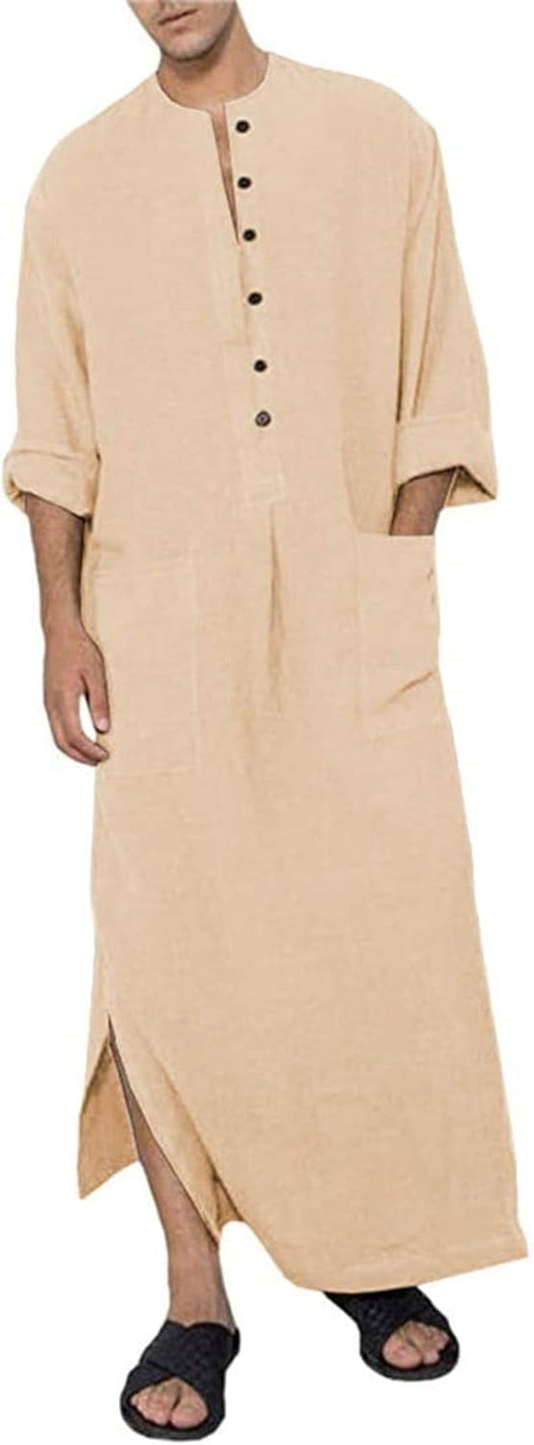 Men'S Kaftan Thobe Long Sleeve Muslim Robe Button up Side Split Kaftan Thobe with Pockets
