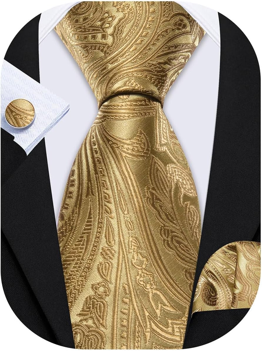 Men Tie Set Paisley Silk Necktie Pocket Square Cufflinks Formal Wedding Business Party