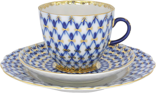 Lomonosov Porcelain Cobalt Net Coffee Cup and Saucer 3Pc.