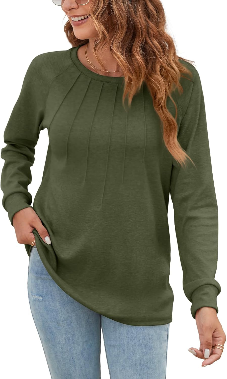 Women Long Sleeve Shirts Casual Tops Dressy Blouses Fashion Pleated Tunic