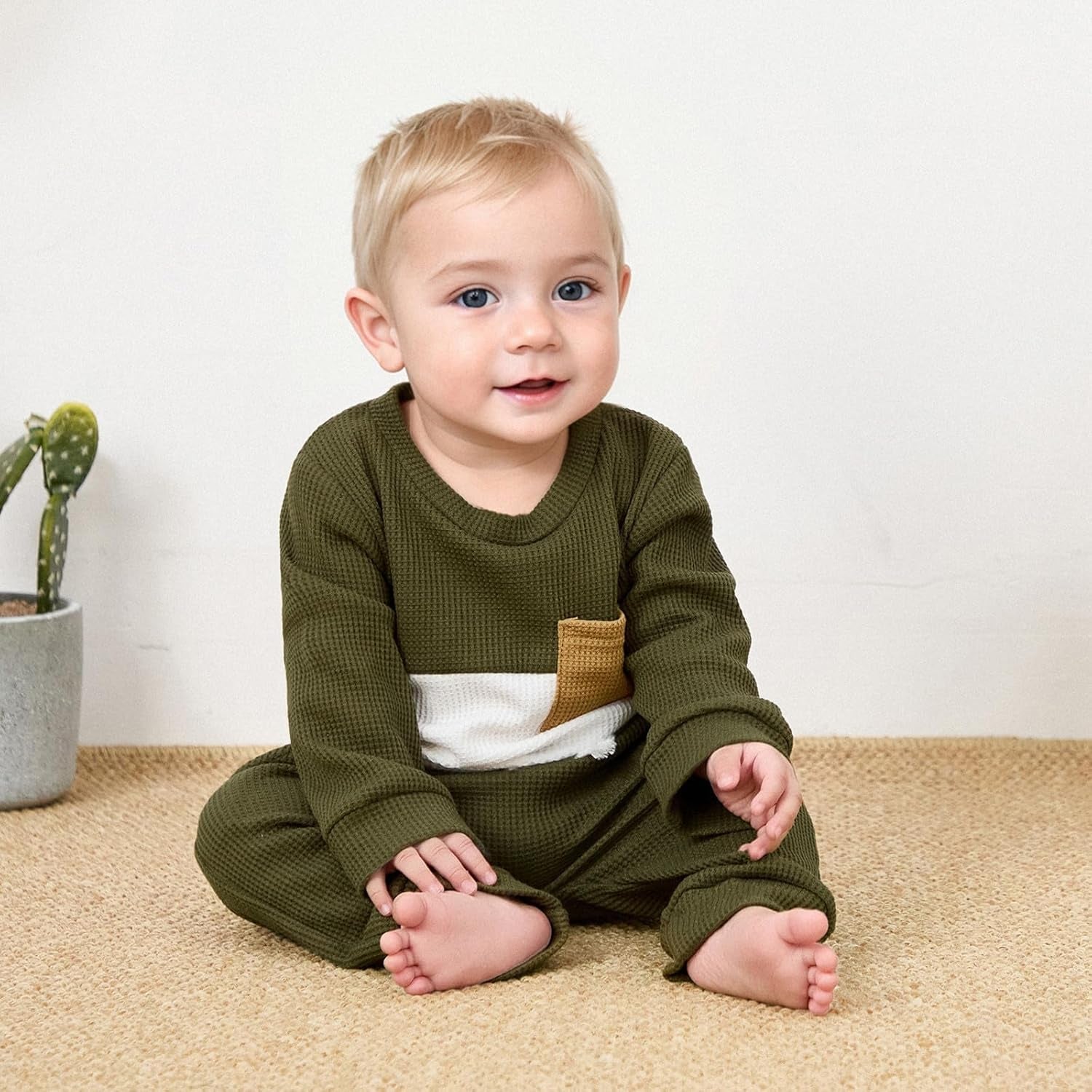 Baby Boy Clothes Fall Winter Waffle Knit Contrast Color Sweatshirt Tops Casual Pants Set Toddler 2Pcs Outfit