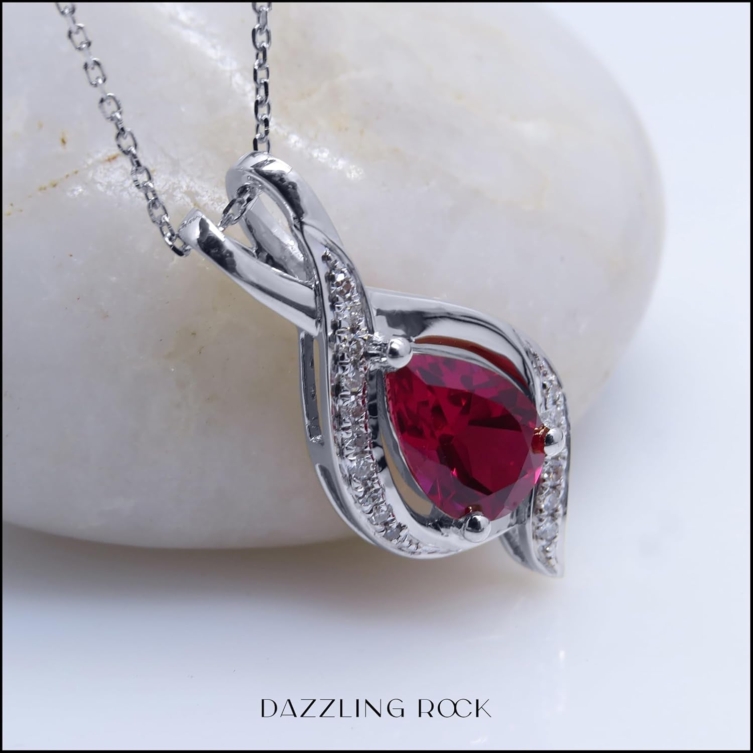 9X6Mm Pear Lab Created Gemstone & round White Diamond Swirl Teardrop Pendant with 18 Inch Chain for Women in Solid Gold