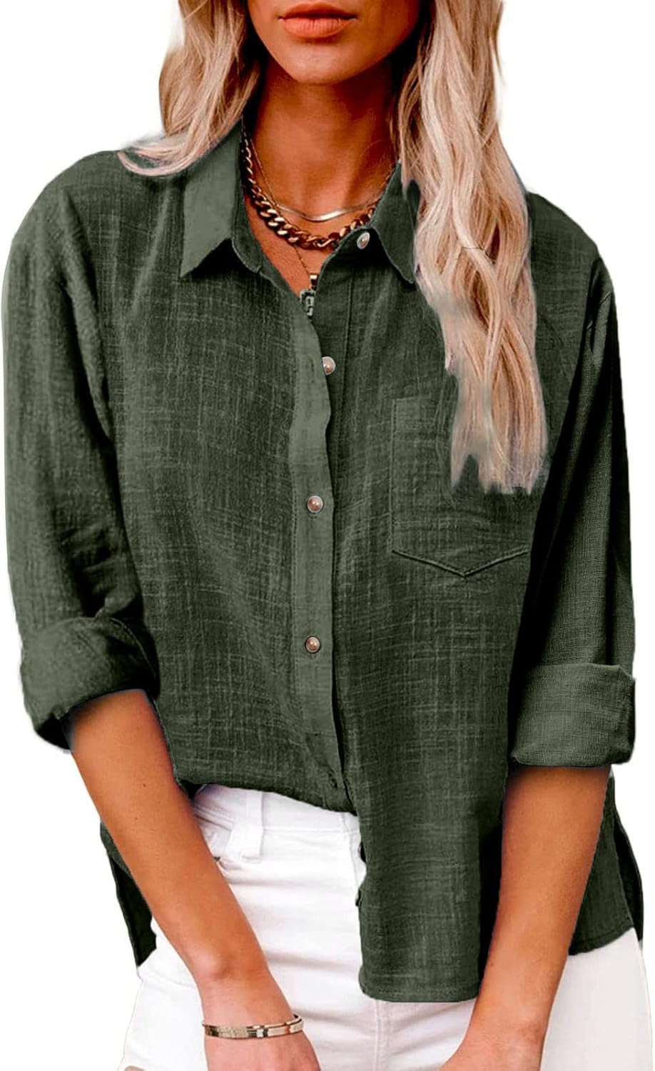 Women Cotton Linen Summer Tops Button down Shirts Dressy Causal Long Sleeve Gauze Blouses Trendy Boho Clothes 2024 Linen Shirt Women Army Green XL
