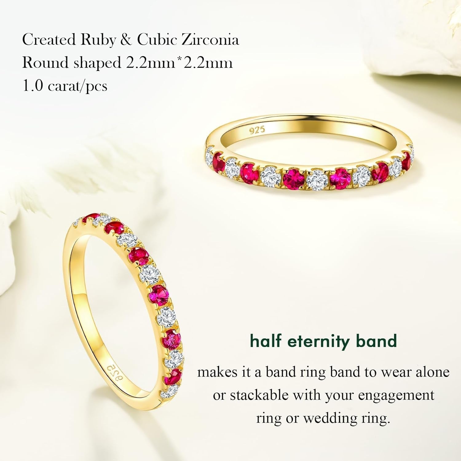 Birthstone Rings Eternity Band 925 Sterling Silver/Yellow Gold Created Gemstone Stackable Wedding Band Half Eternity Rings for Women Size 6 to 10
