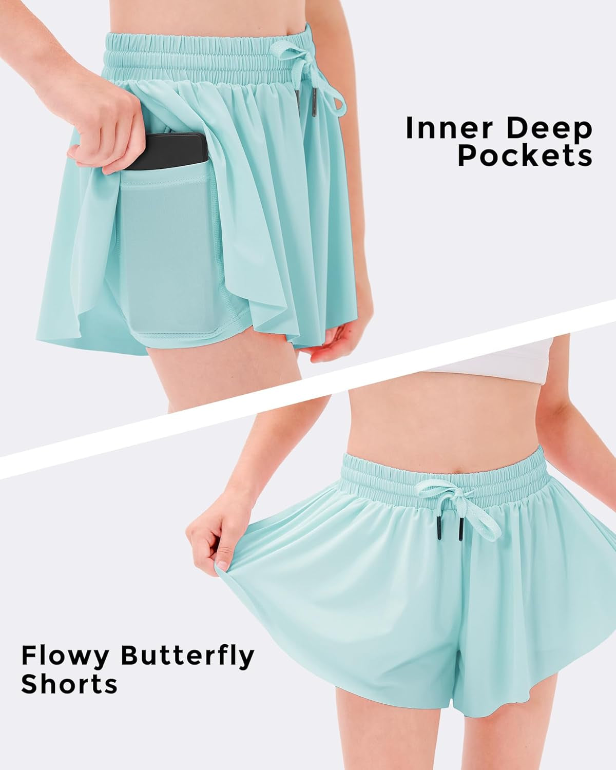 Girls Flowy Shorts with Pockets Athletic Running Skirt High Waist Butterfly 2 in 1 Sports Short 5-16 Years