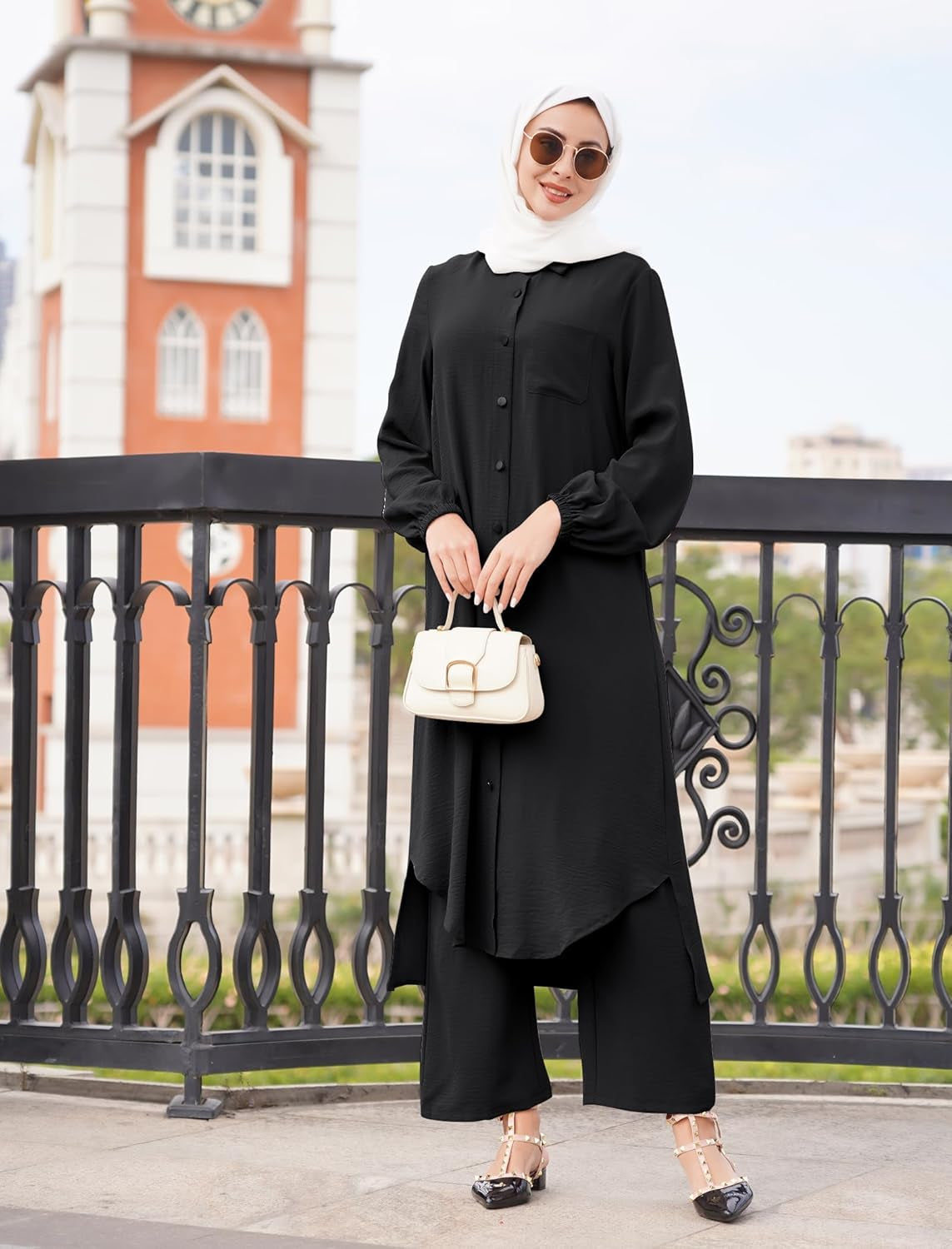 Prayer Clothes for Muslim Women 2 Piece Long Sleeve Button down Shirt Dress Wide Leg Pants Abaya Dress for Women Islamic Clothes Middle East Ramadan Muslim Dresses Eid Dresses for Women Black L