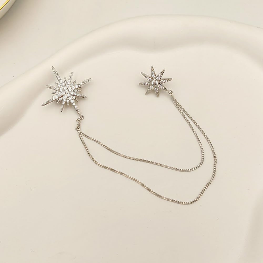 Silver Rhinestone Star Brooch for Women Girls Men Fashion Crystal Snowflake Tassel Lapel Pins Dress Suit Accessories Bouquet Dainty Jewelry Winter Holiday Dancing Party Ceremony Banquet Decoration