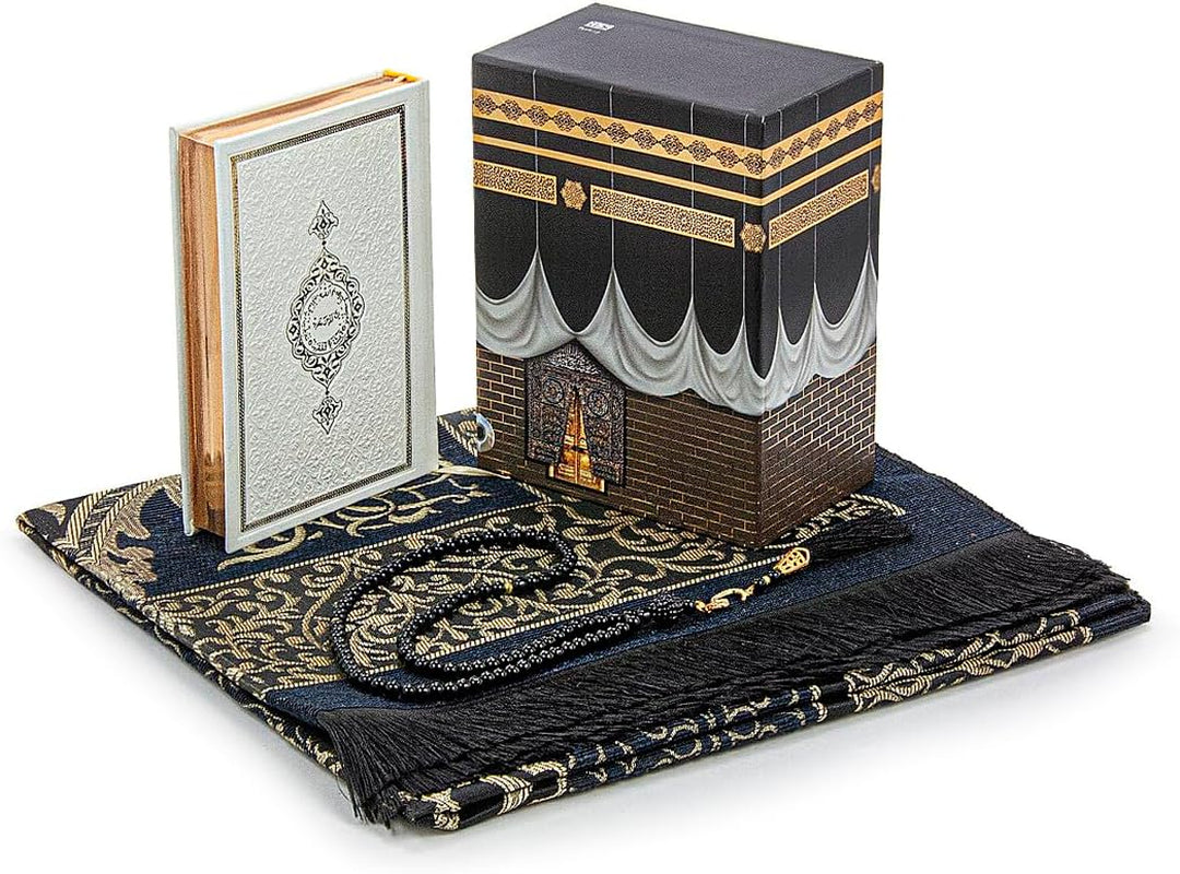 Muslim Prayer Rug and Quran with Prayer Beads, Kaaba Decor Box, Islamic Gift for Women & Men, Elegant Islam Set for Ramadan, Eid, Umrah, Birthday, Travel