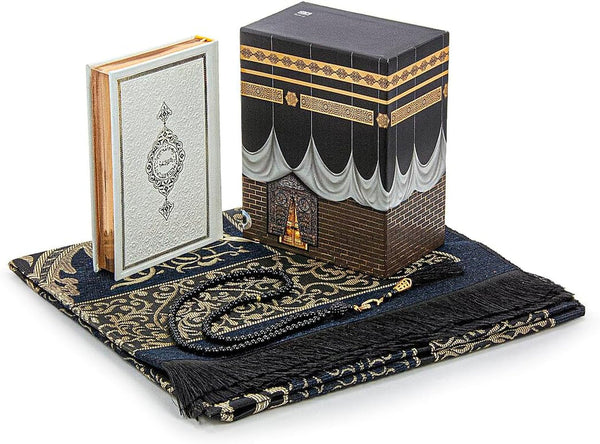 Muslim Prayer Rug and Quran with Prayer Beads, Kaaba Decor Box, Islamic Gift for Women & Men, Elegant Islam Set for Ramadan, Eid, Umrah, Birthday, Travel