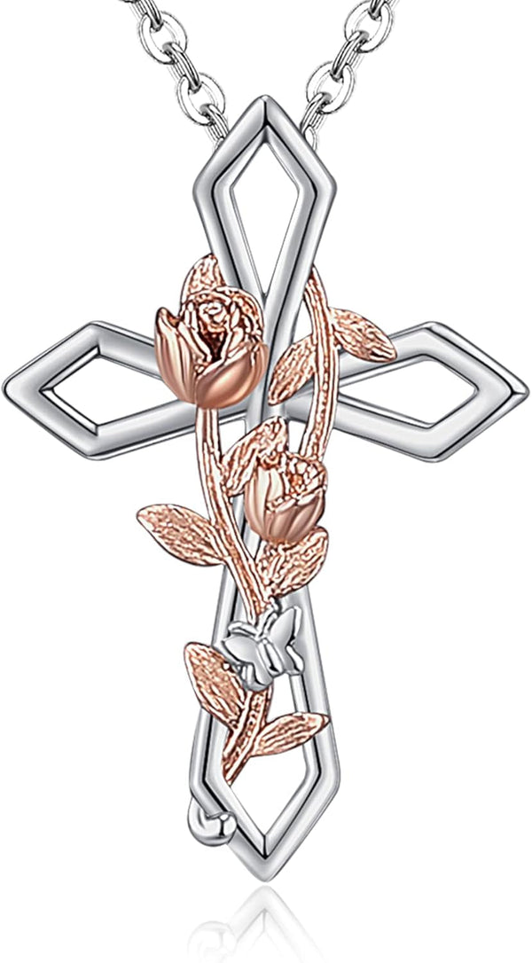 Cross Necklace for Women 925 Sterling Silver Rose/Sunflower/Lily/Daisy/Heart/Dove Cross Infinity Necklace Dainty Sunshine Love Pendant Necklaces for Your Lover 19 to 20 Inches Flexible Fit Necklace