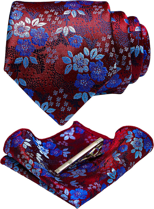 Floral Necktie and Pocket Square Tie Clip Sets for Men