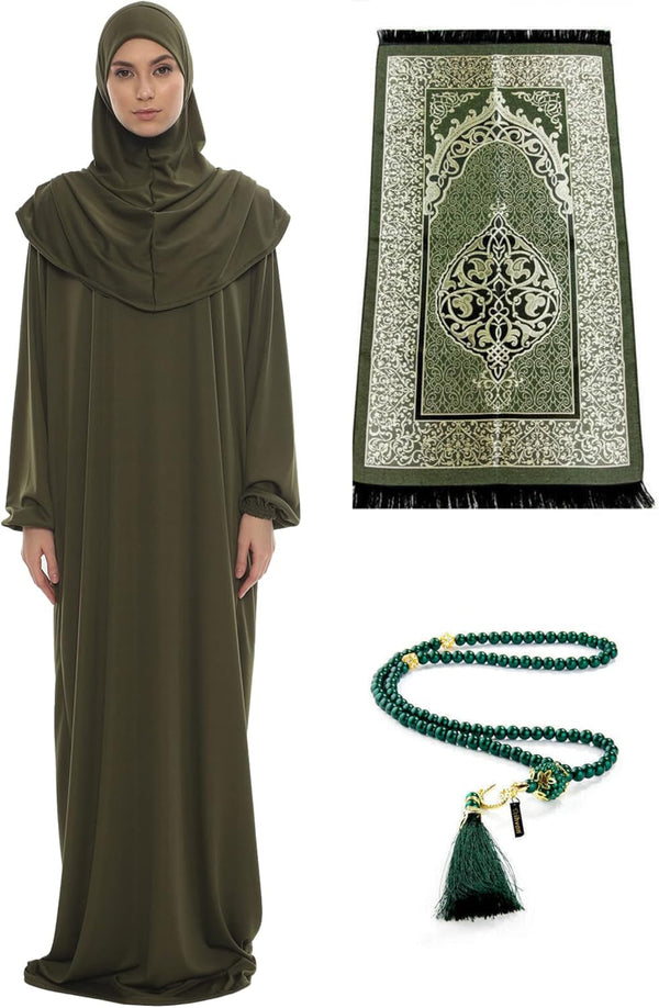 Prayer Dresses for Women Muslim Outfits Abaya One-Piece Niqab Burka Hijab Islamic Prayer Rug & Beads, Islamic Set