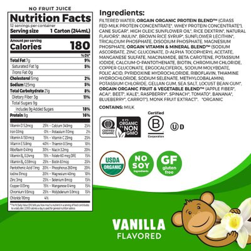 Orgain Kids 8G Protein Organic Nutritional Shake, Vanilla, 8.25 Fl. Oz., 12 Pk.
