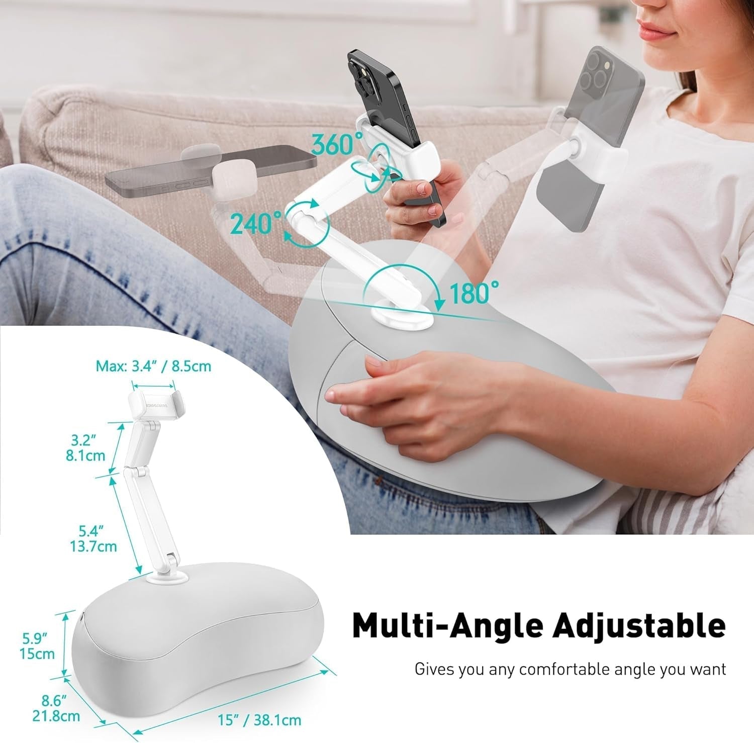 Pillow Phone Holder for Bed, 360° Bed Phone Holder Laying Down, Hands-Free Iphone Stand for Bed/Sofa/Lap, Compatible W/ 4.7"-7.0" Cell Phones, Flexible Dual Arm with Microbead Cushion