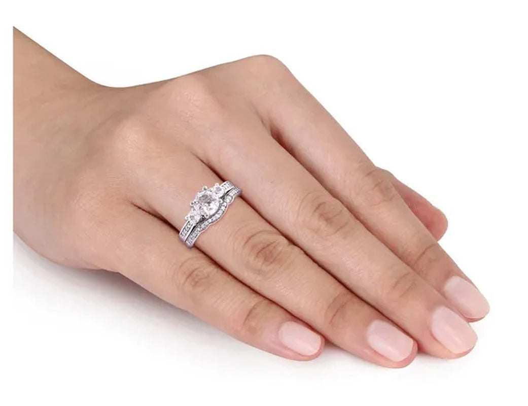 1 1/3 Carat (ctw) Lab-Created White Sapphire with Diamond Bridal Wedding Set Engagement Ring in 10K White Gold