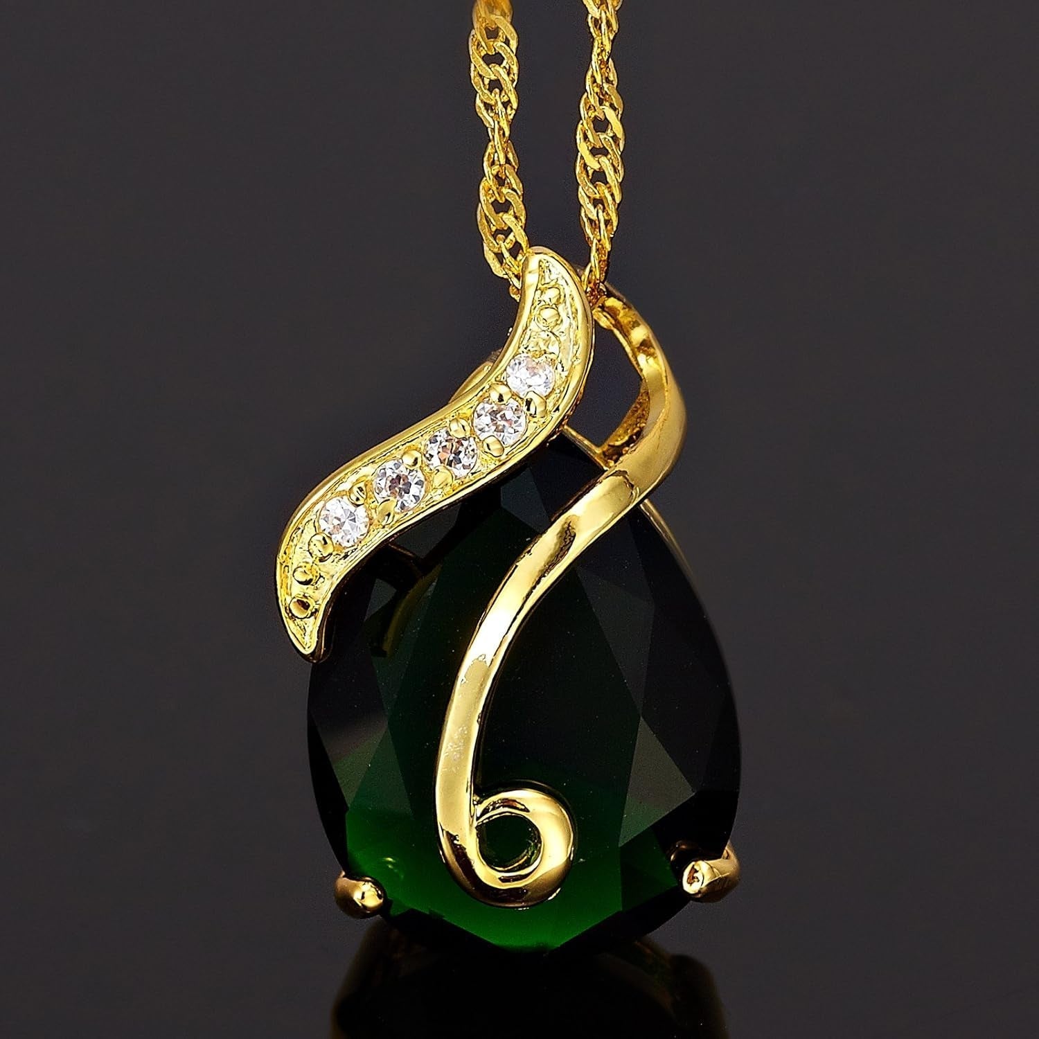 Pendant with 18" Chain & Pear Cut CZ [4 Colors Available] in Yellow Gold Plated, Simple Modern Elegant