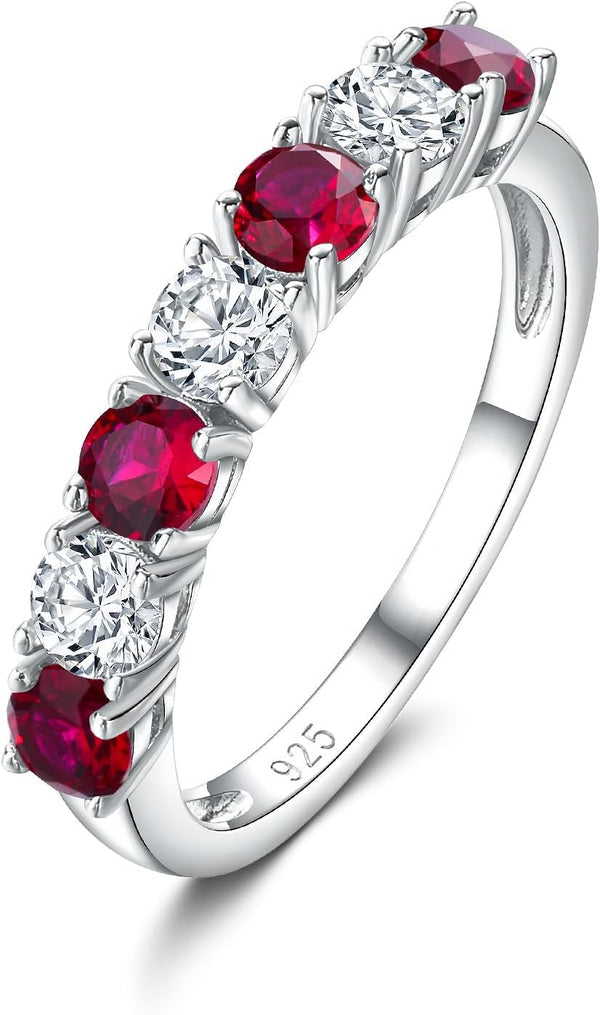 925 Sterling Silver Birthstone Rings for Women White Sapphire Created Gemstone Wedding Band Stackable Half Eternity 7 Stone Anniversary Ring Wife Mom Grandma Birthday Jewelry Size 6-10