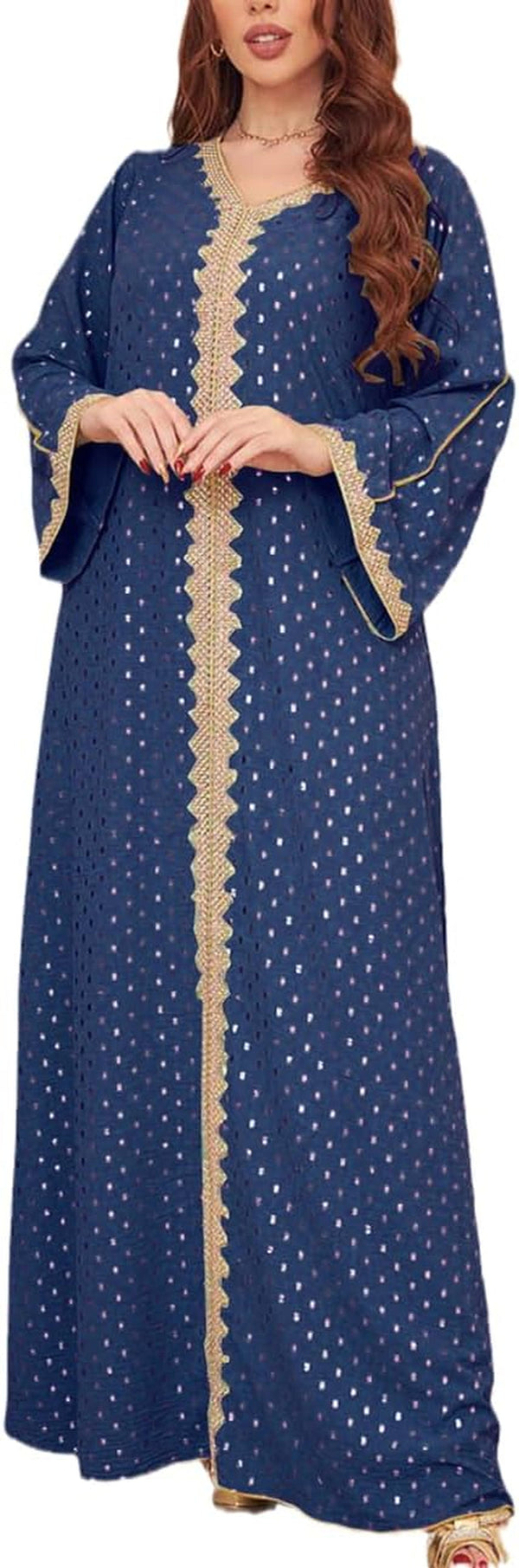 Womens Muslim Abaya Dress One-Piece V Neck Bronzing Dress Islamic Full Length Kaftan Daily Casual Dress