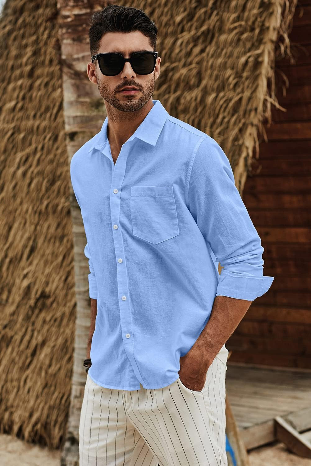 Mens Cotton Linen Casual Stylish Button down Shirt Long Sleeve Dress Shirts