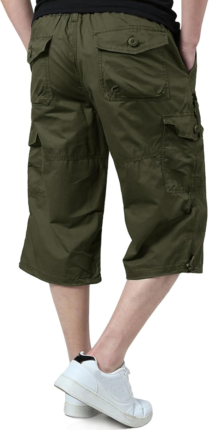 Men'S Cargo Shorts Casual Twill Elastic 3/4 Capri Pants below Knee Long Shorts with 7 Pockets