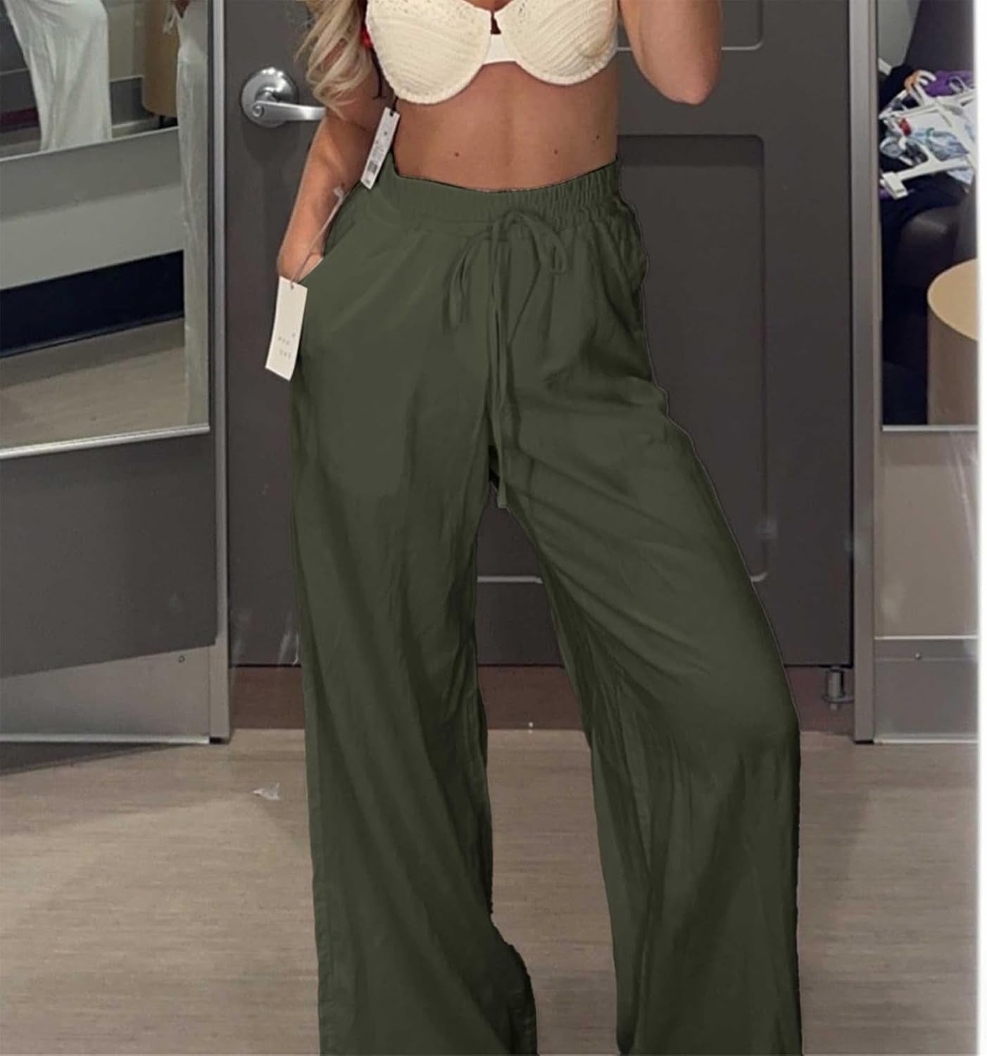 Womens Cotton Linen Palazzo Pants Drawstring Elastic Waist Casual Wide Leg Trousers with Pockets