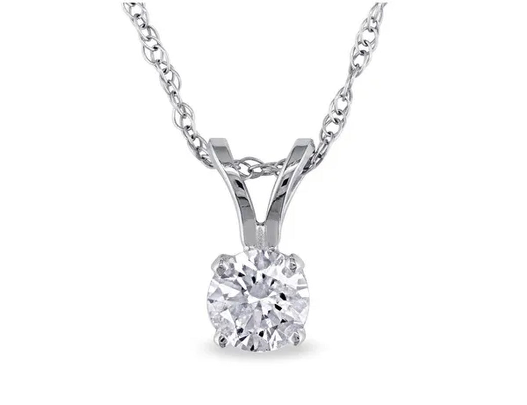Diamond Solitaire Pendant 1/3 Carat (ctw I2-I3 , I-J) in 14K White Gold with Chain