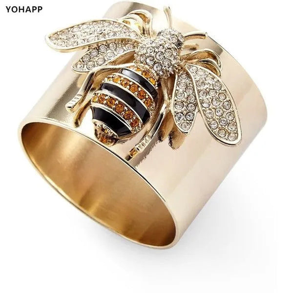 YOHAPP Unique Steam Punk Jewelry  gold plated Diamond Bee Ring Bee Jewelry Wide Band Ring for Women Anniversary Gift
