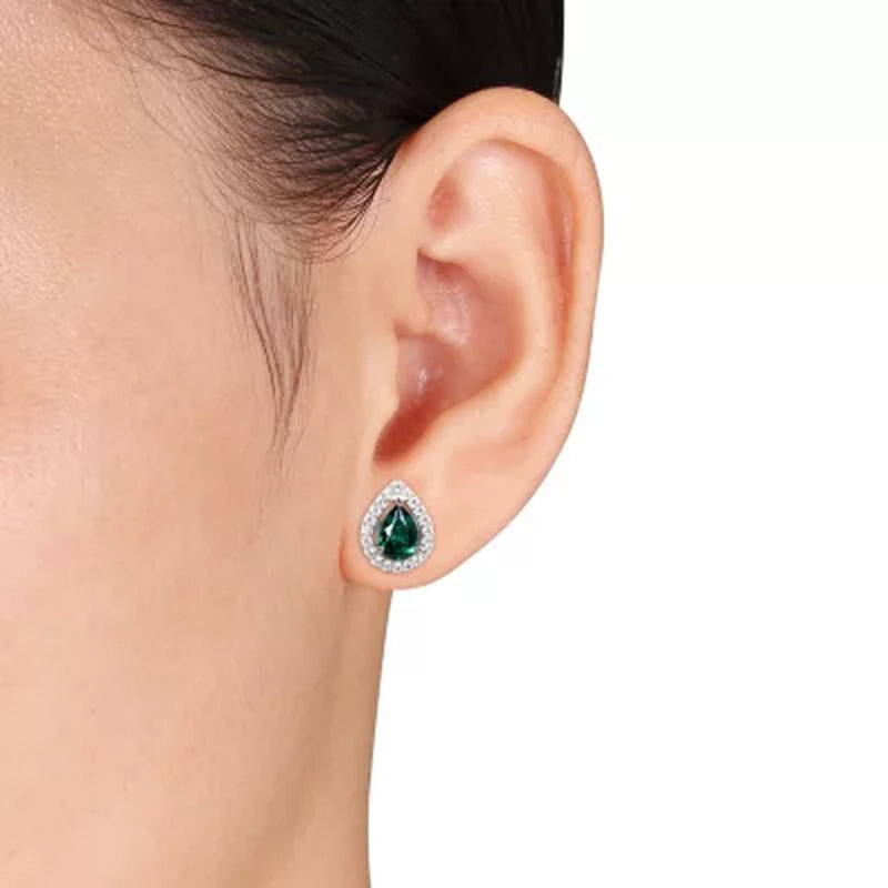 Lab Created Gemstone Teardrop Halo Pendant and Stud Earrings Set in Sterling Silver