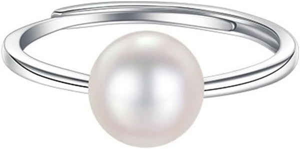 Shell Pearl 925 Sterling Silver Ring for Women Girls Adjustable Expandable round Ball Wedding Statement Finger Rings Comfort Fit Simple Elegant Engagement Promise Birthday Jewelry Gift