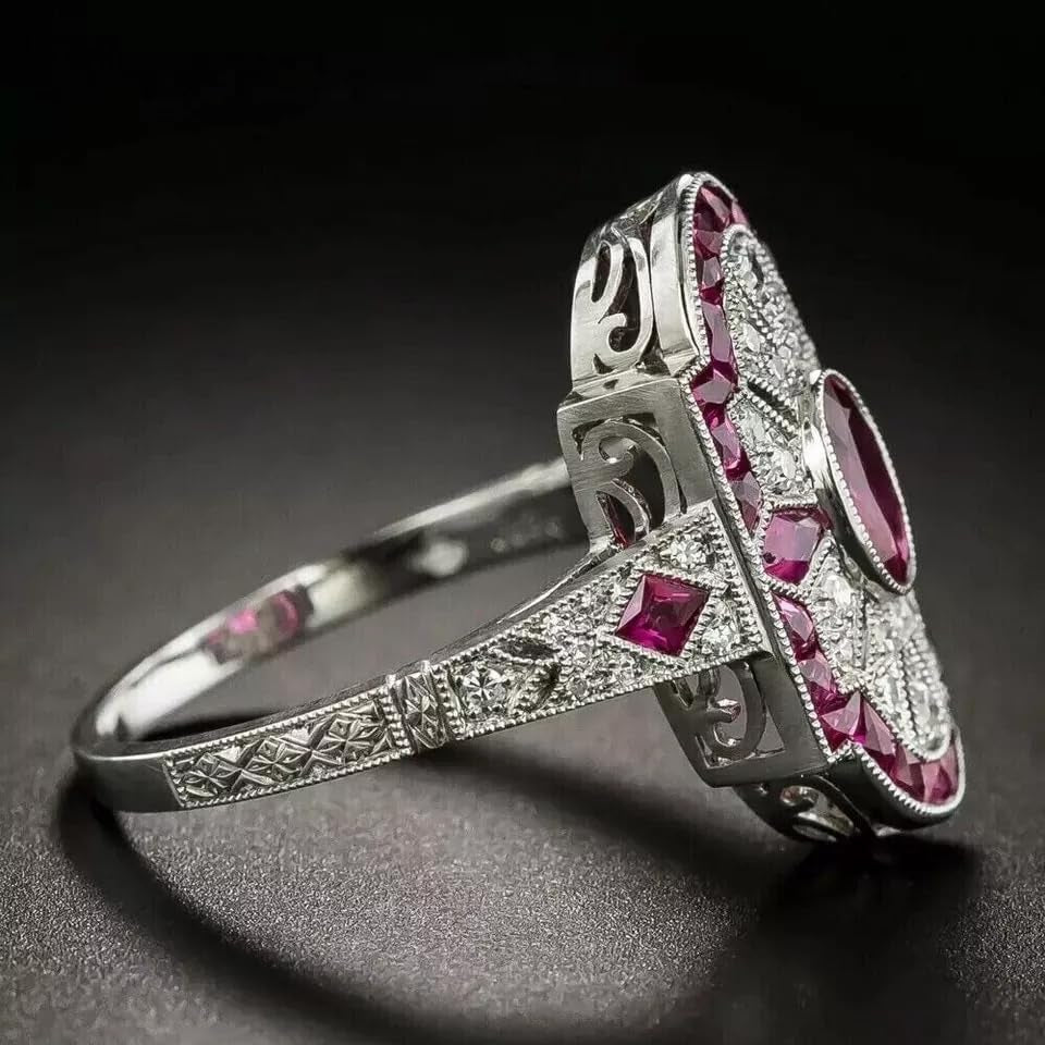 Art Deco Vintage Oval Cut Ruby & Lab Created Diamond 925 Silver Engagement Ring