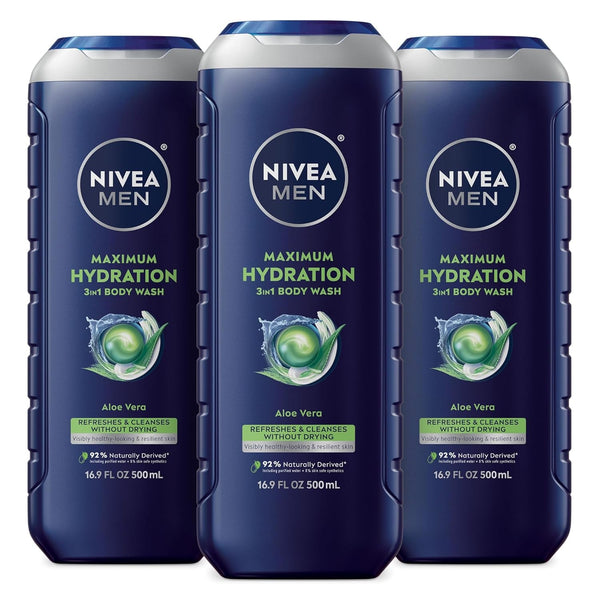 Maximum Hydration Body Wash for Dry Skin, Aloe Vera Enriched, 3-In-1 Moisturizing Body Wash, Face and Hair, Paraben Free, Vegan Formula, 16.9 Fl Oz Bottle, Pack of 3