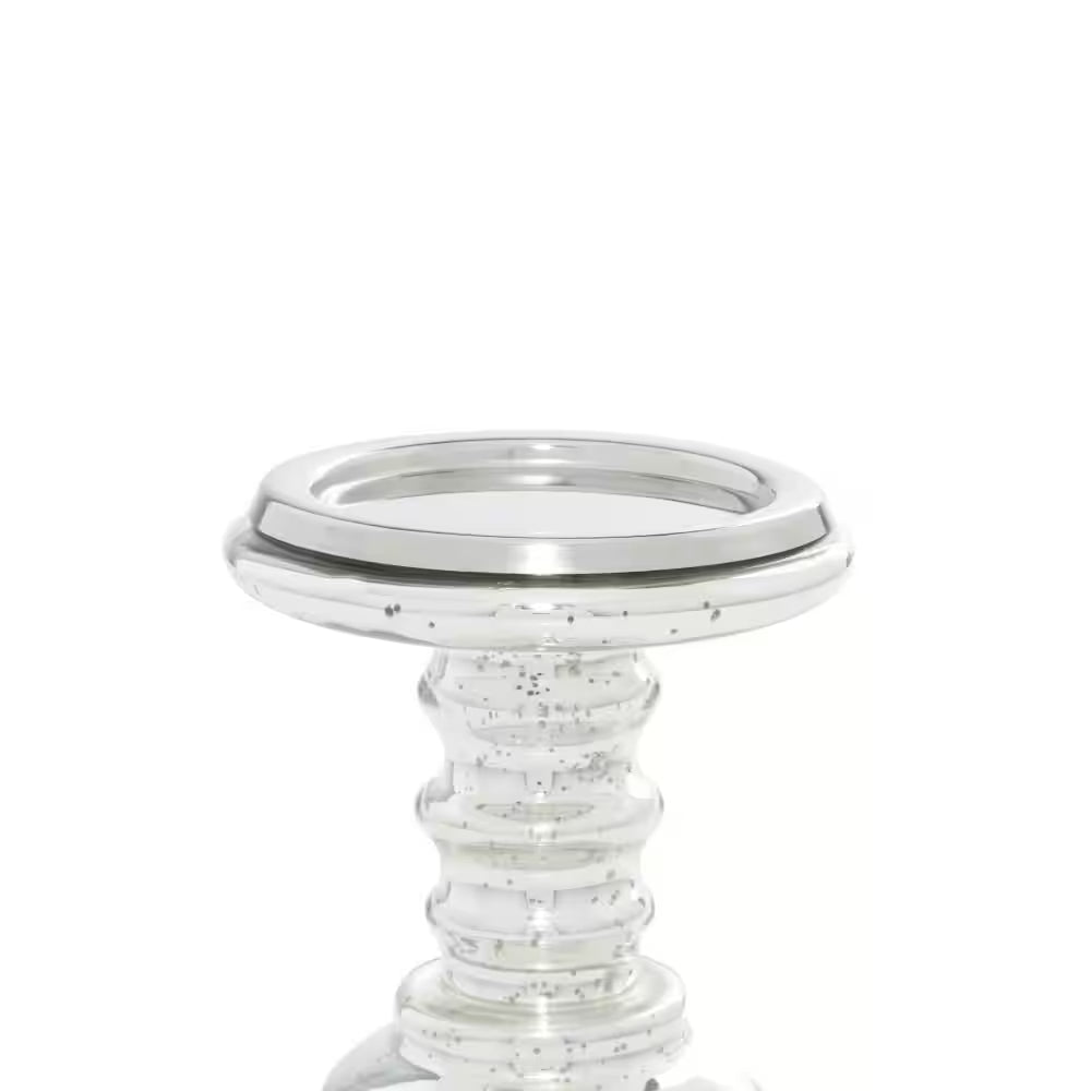 Silver Glass Handmade Turned Style Pillar Candle Holder (Set of 2)
