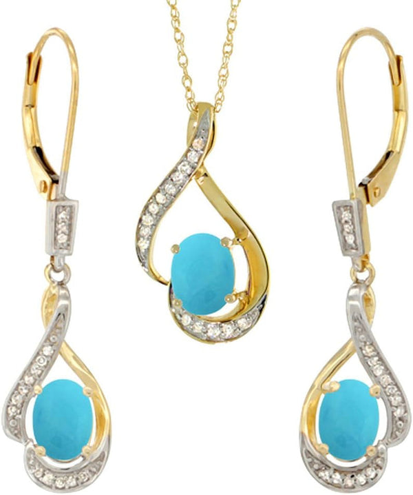 14K Yellow Gold Diamond Natural Turquoise Lever Back Earrings & Necklace Set Oval 7X5Mm, 18 Inch Long
