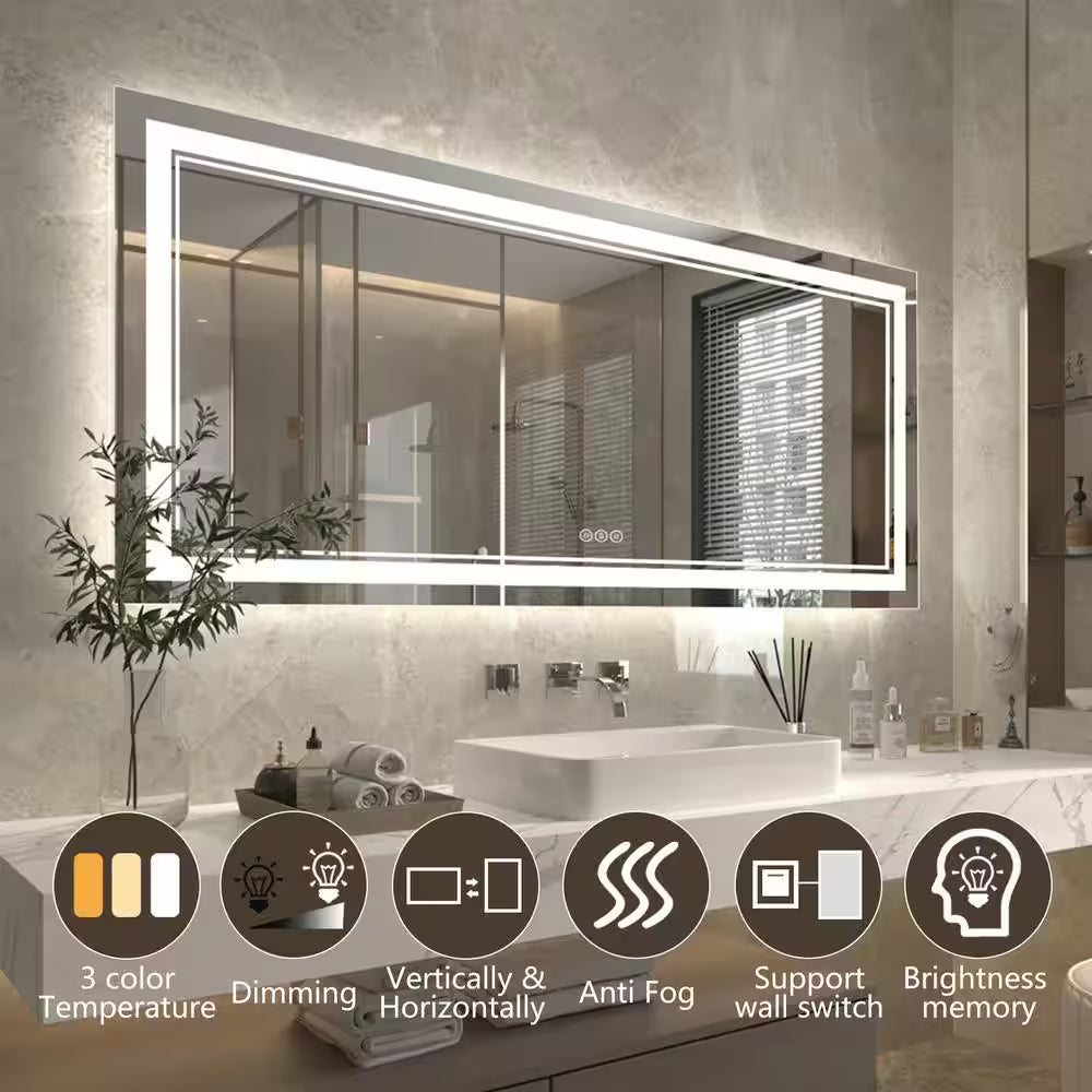 72 In. W X 32 In. H Oversized Rectangular Frameless Anti-Fog Wall Bathroom Vanity Mirror in Silver