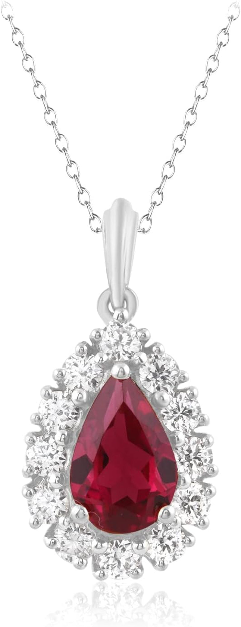 Pear Shape Natural Ruby & round Cut Lab Grown Diamond Pear Shape Pendant Necklace Sterling Silver with 18" Chain Plated 14K White Gold