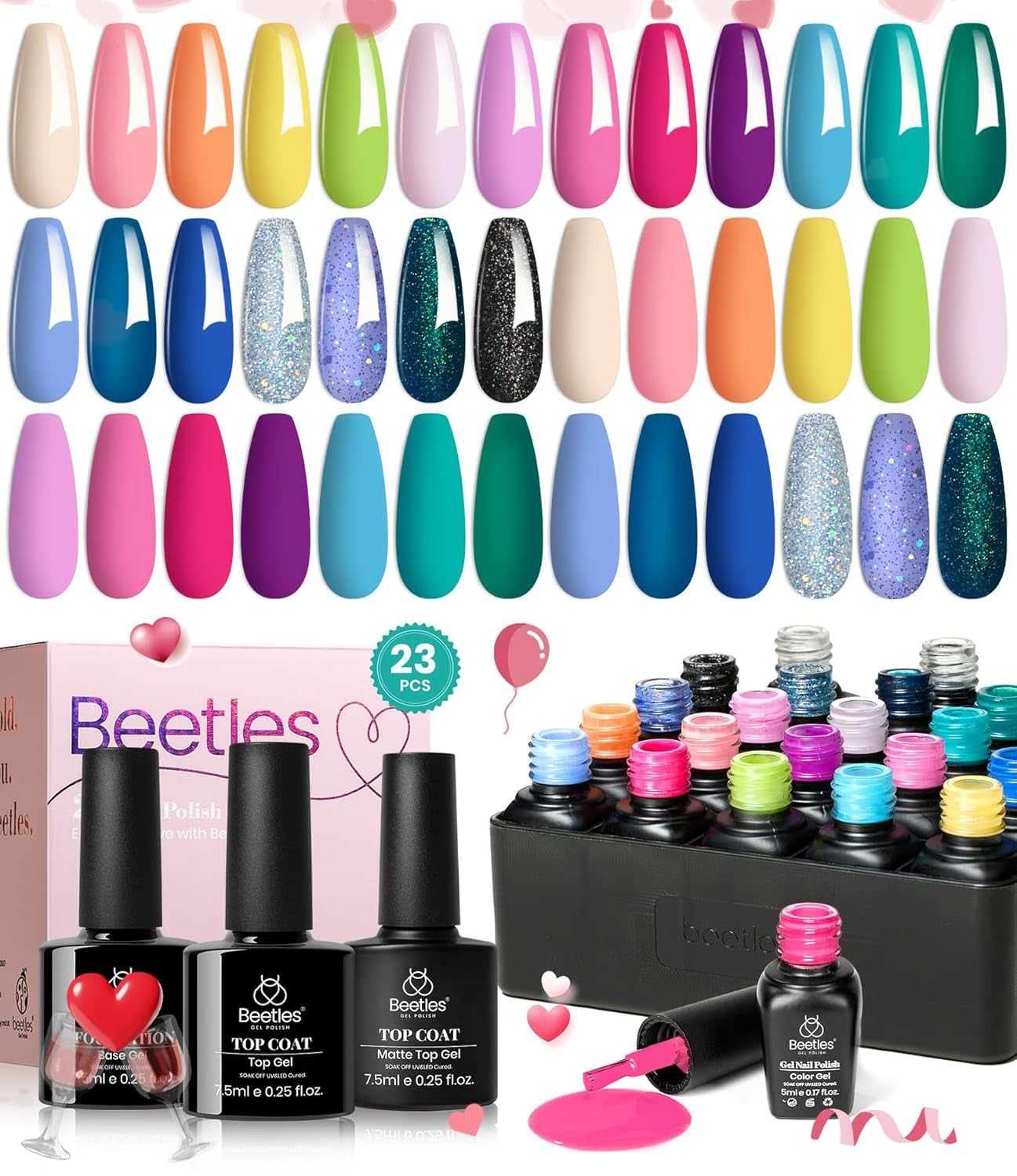 Beetles 23Pcs Gel Nail Polish Set with Base Gel Top Coat Spring Bright Colors, 2025 Gel Polish Kit Blue Pink Purple Orange Green Glitter Soak off Uv Led Nail Gel Trendy Rainbow Nail Art