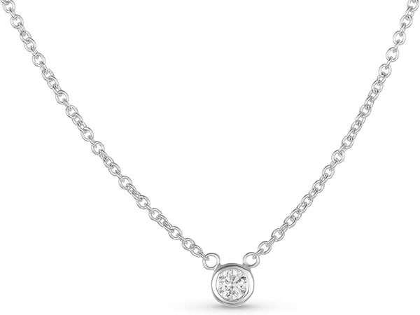 AGS Certified Natural Diamond Dainty Solitaire Bezel Necklace, White Gold 0.15 CTTW Prong Setting on 18" Extendable 14K Gold Chain (H Color, SI1-SI2 Clarity)